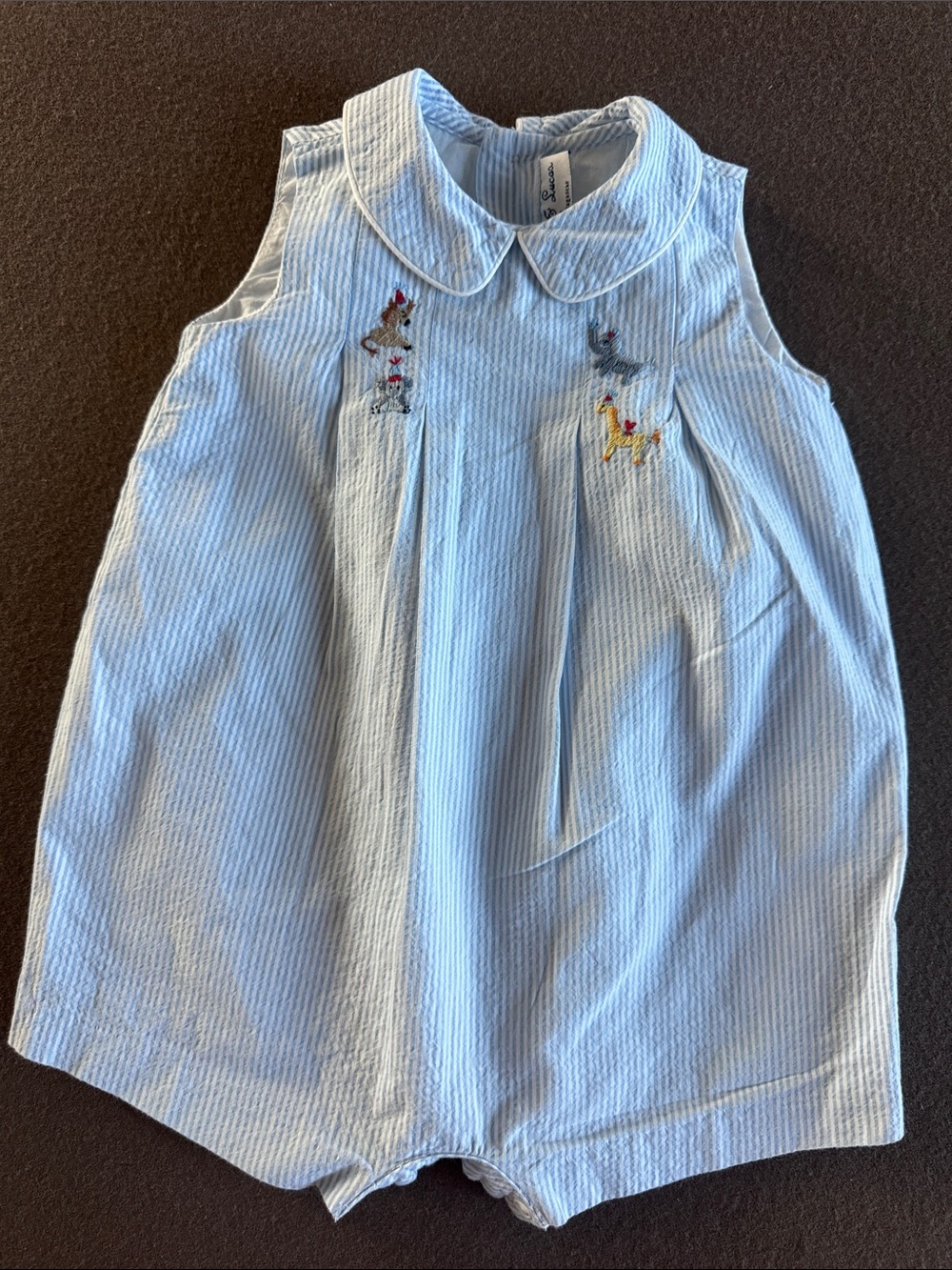 Girls Light Blue Striped Sleeveless Romper with Embroidered Animals